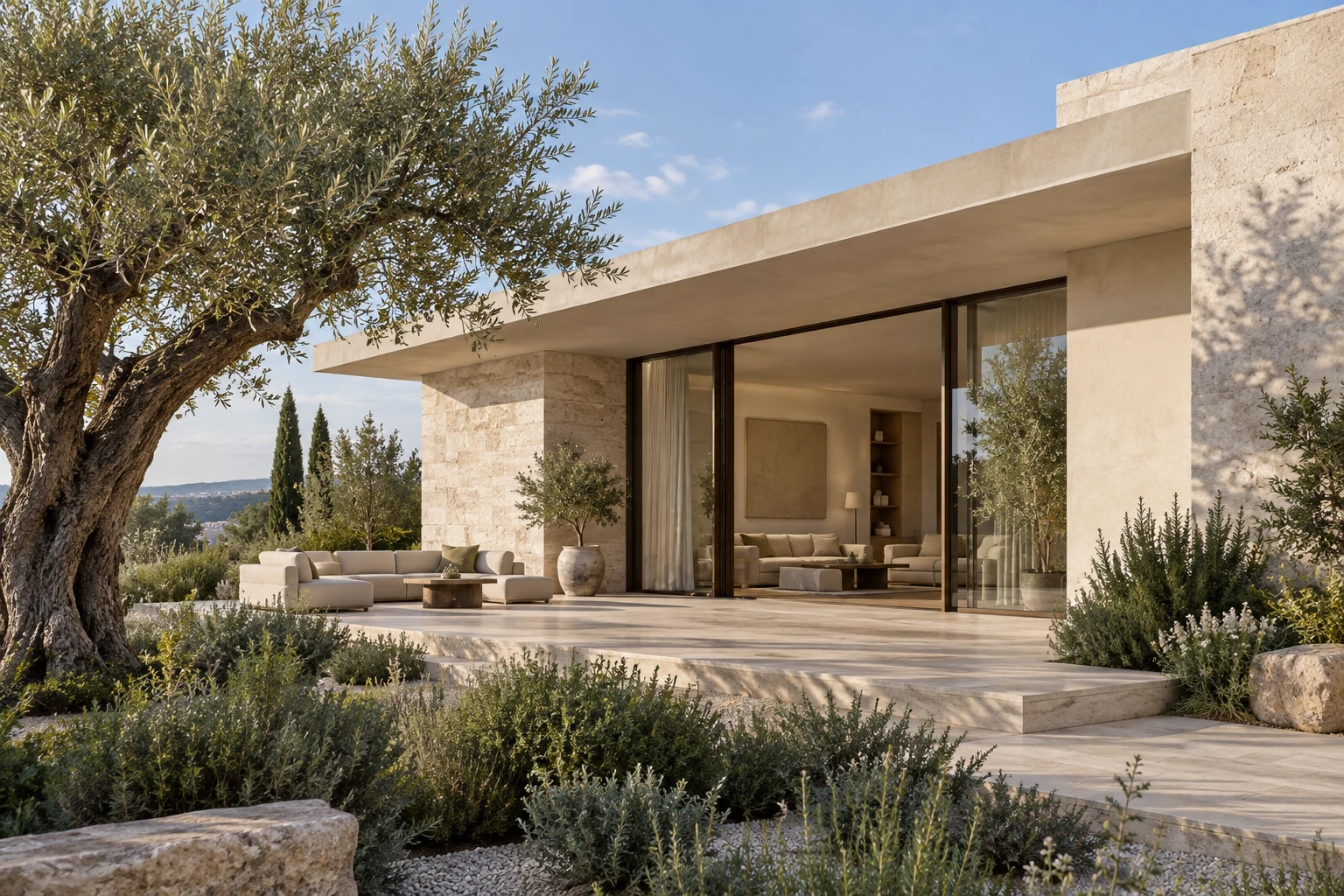 Concept a colori di una villa contemporanea in pietra, con vetrate sul giardino mediterraneo.