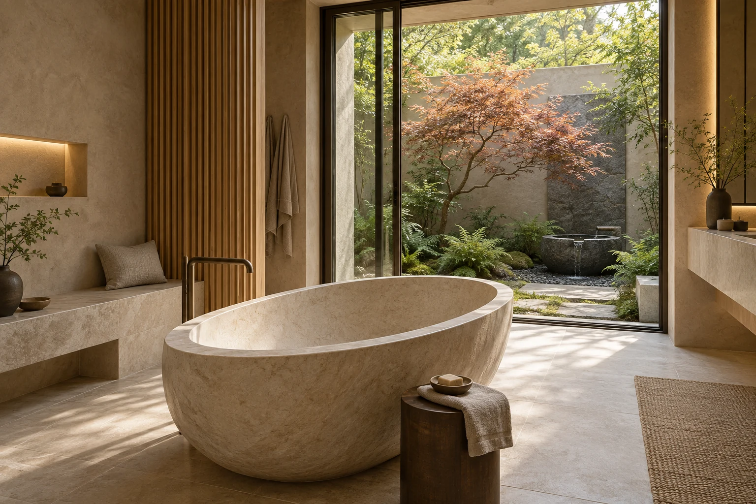 Concept a colori di una spa privata con vasca scultorea in pietra e affaccio su un giardino raccolto.