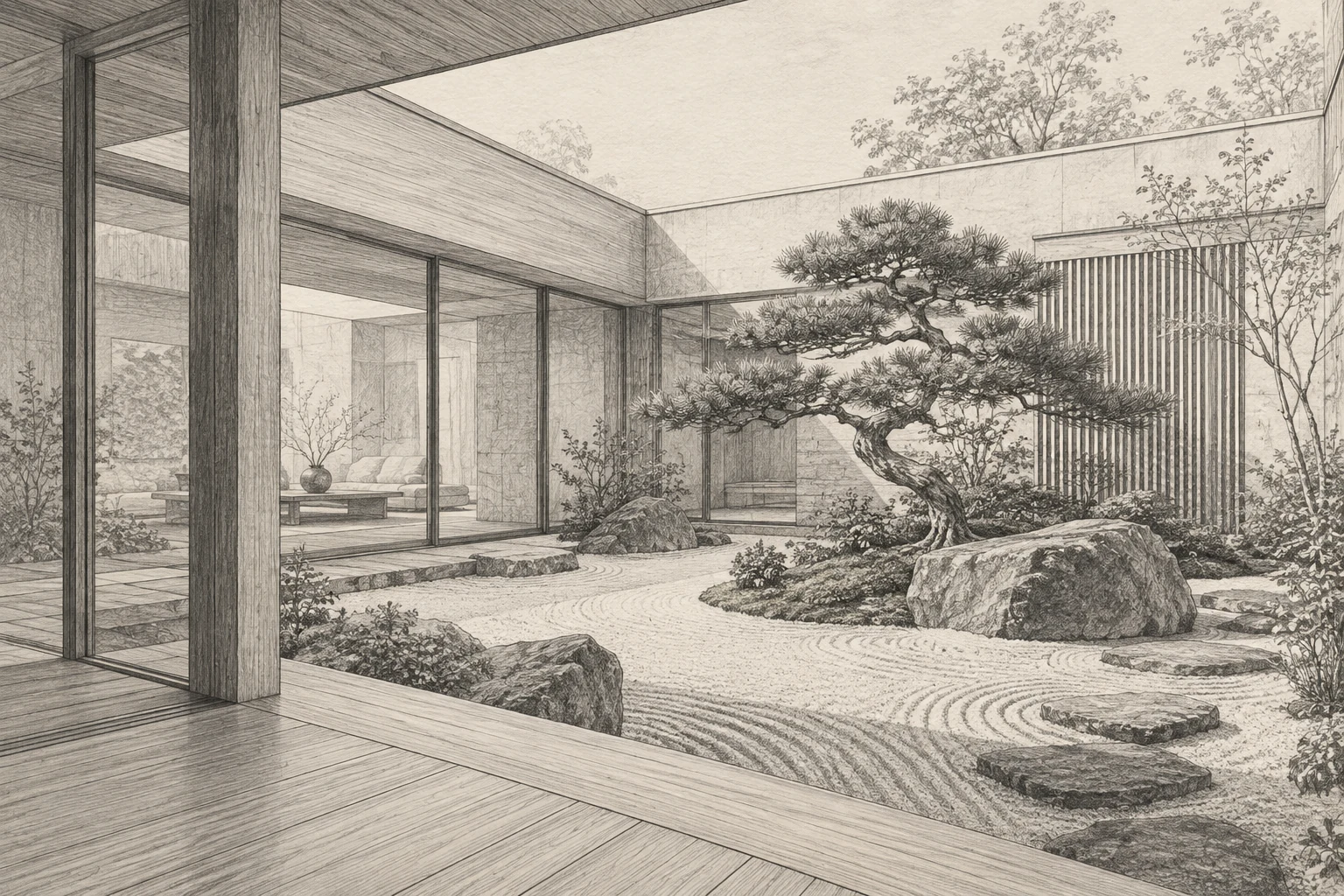 Schizzo a matita di un giardino zen contemporaneo con pino, pietre e ghiaia rastrellata, tra legno e vetrate.