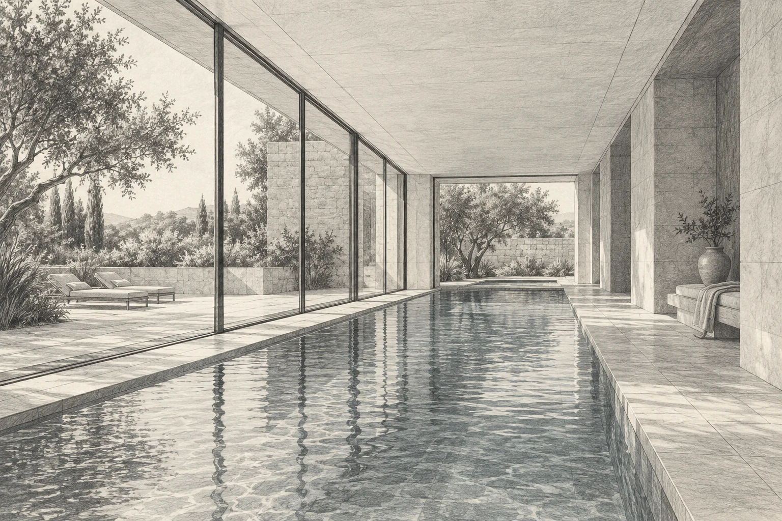 Schizzo a matita di una piscina residenziale moderna tra pietra, ampie vetrate e giardino.