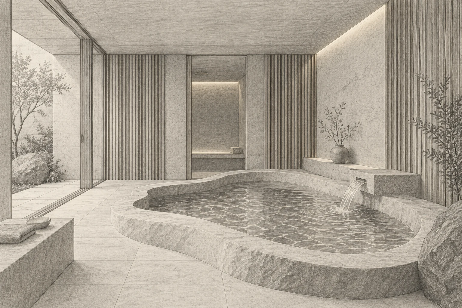 Schizzo a matita di una spa privata contemporanea, con vasca scultorea in pietra e pareti a listelli di legno.